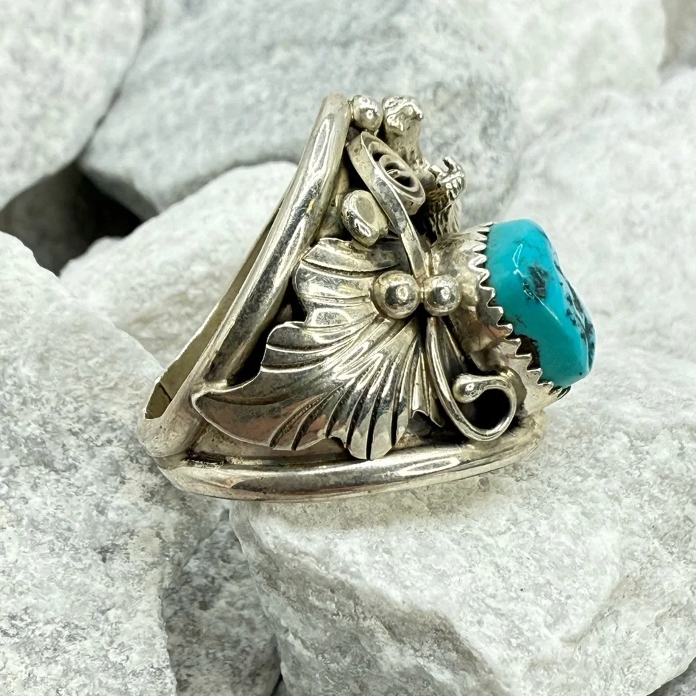 Navajo Sterling Silver Howling Wolf Turquoise Ring —Genevieve Francisco